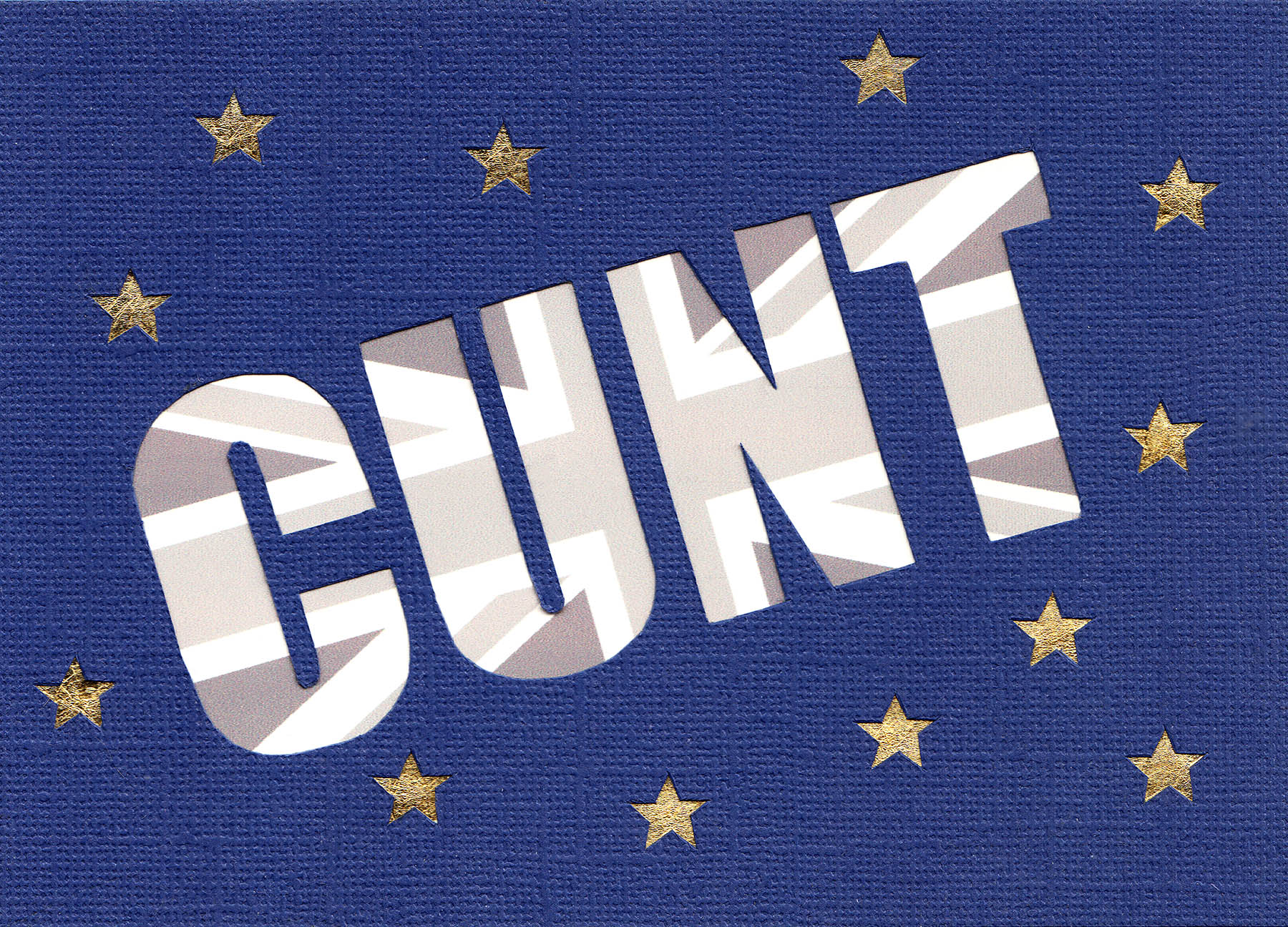 Blue card with cut out cunt revealing union jack and gold leaf stars