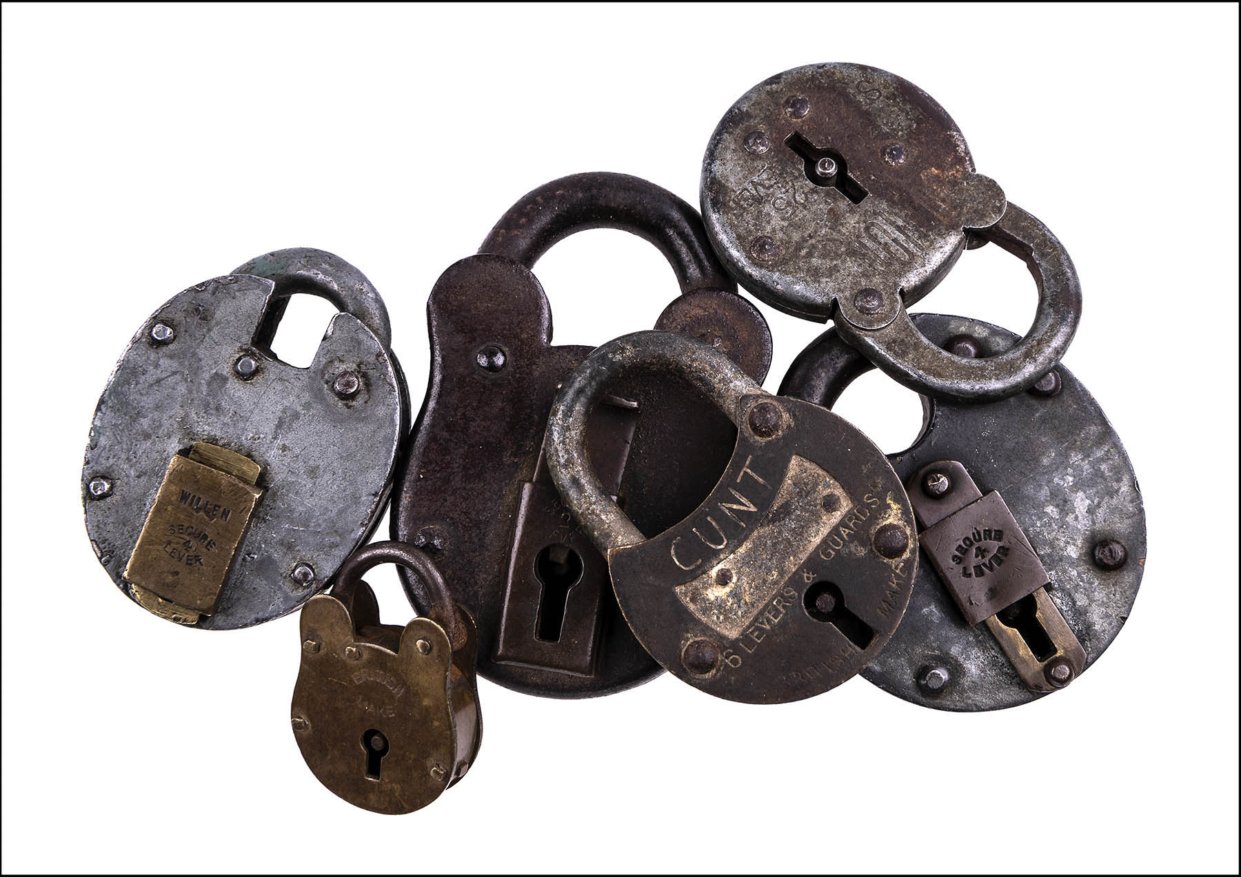 Lockdown Cunt - Six old padlocks with CUNT etched into one of them