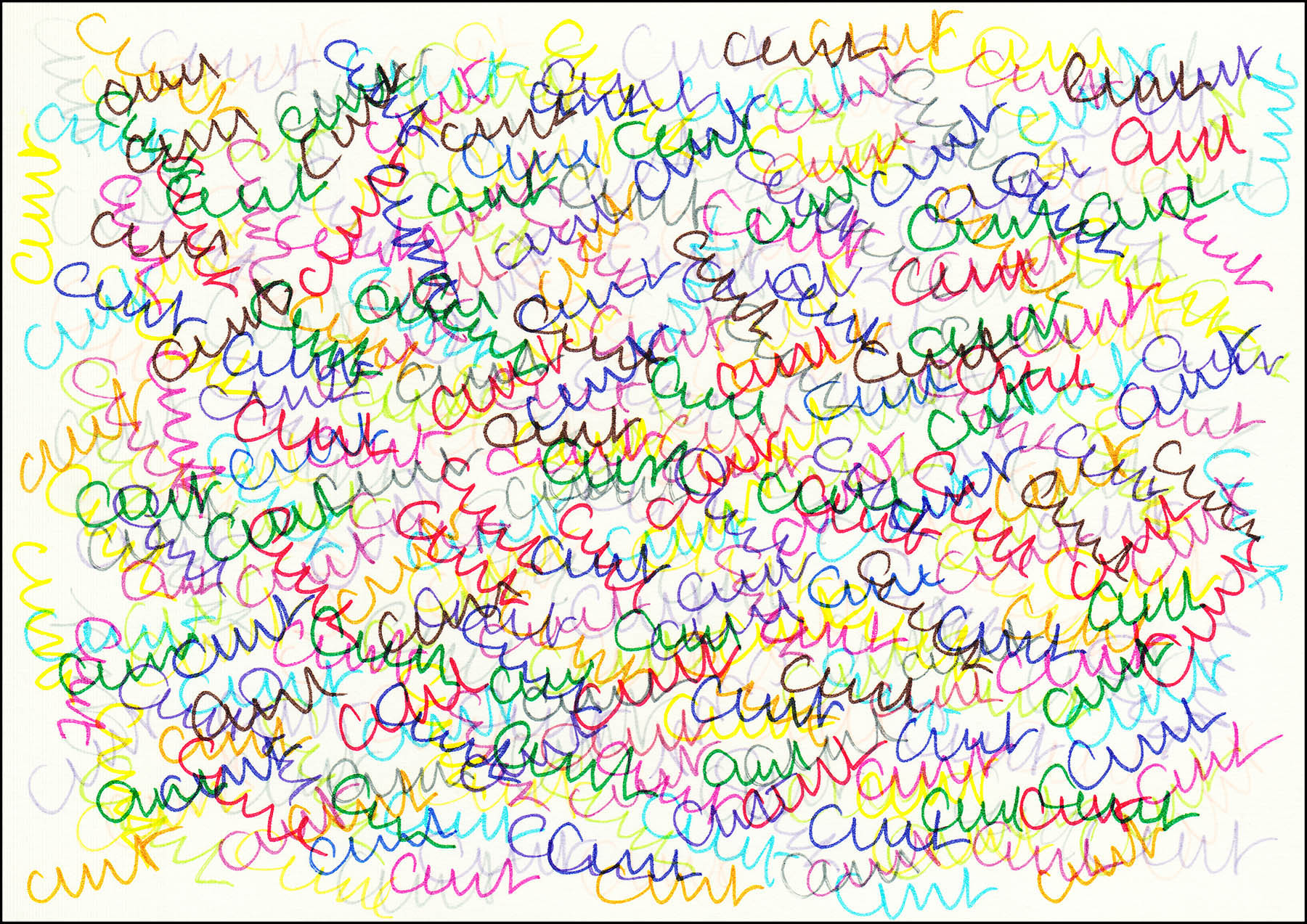 colourful handwritten overlapping cunts scribbled all over postcard 