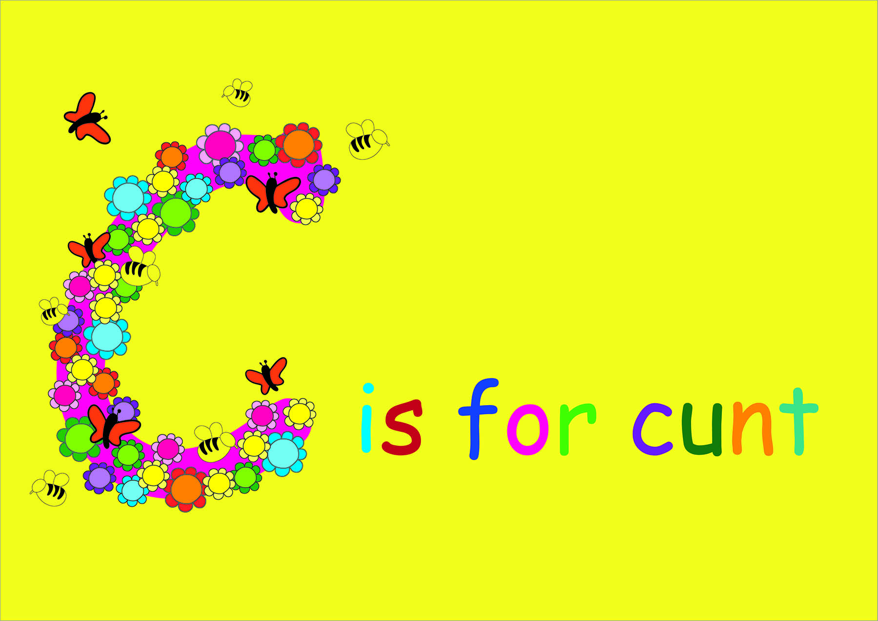 Colourful C is for cunt on yellow background - C made from flowers, butterflies and bees