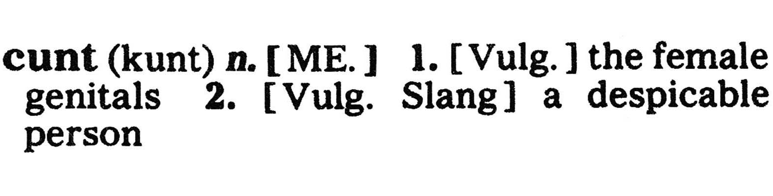 Dictionary definition of cunt - 1-(Vulg) the female genitals 2-(Vulg Slang) a despicable person